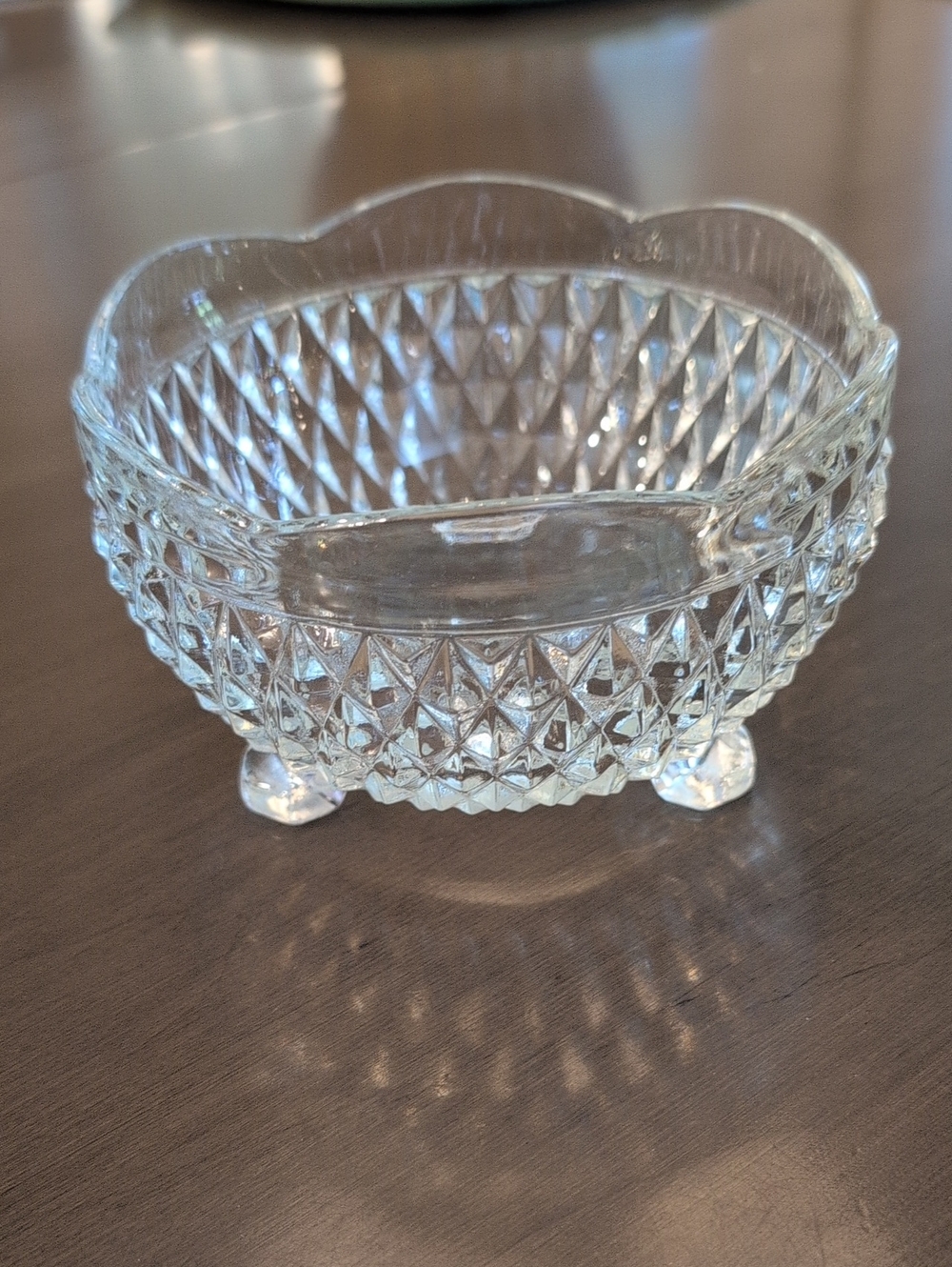 Indiana Glass Diamond Point MCM Clear Bon Bon 3 Footed Bowl Vintage Dish